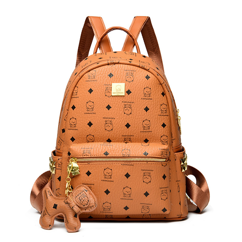 Brand M bear rivet double-shoulder bag fan print diamond quilted double-shoulder women's bag with pendant high-quality leather schoolbag