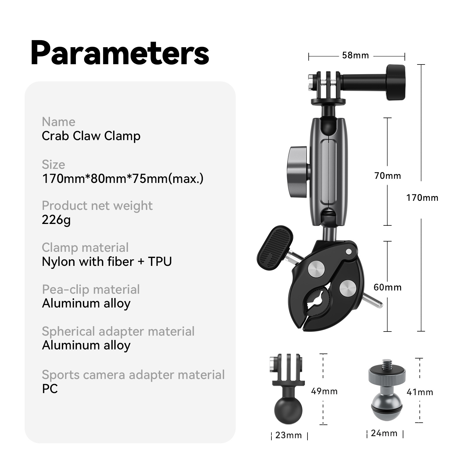 TELESIN Aluminum Alloy Universal Crab Tube Clamp for Action Camera Bicycle Motorcycle Mount