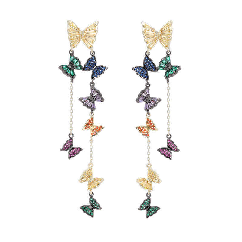 s925 Silver Needle Super Fairy Zircon Inlaid Face-Shaping Earrings Long Tassel Flying Butterfly Earrings