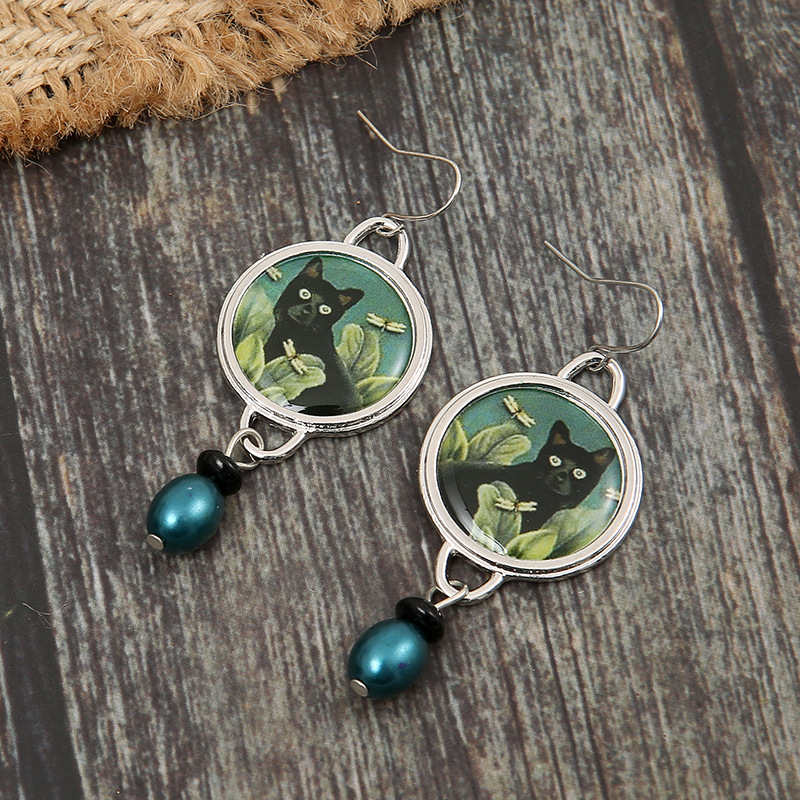 New Palace Cat Flower Earrings Women Round Earrings Spliced Green Pearl Pendant