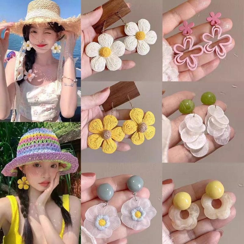 Dopamine Woven Flower Earrings for Women Summer Seaside Vacation Style Accessories Pink Stud Earrings