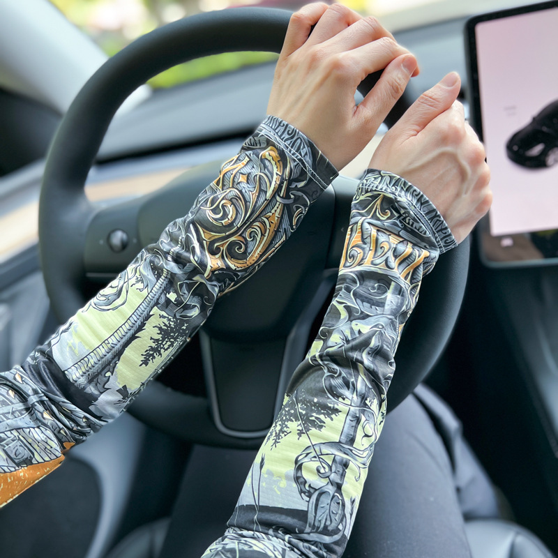 Summer driving riding motorcycle motorcycle fishing sun protection ice silk hand sleeve gloves men and women arm tattoo flower arm