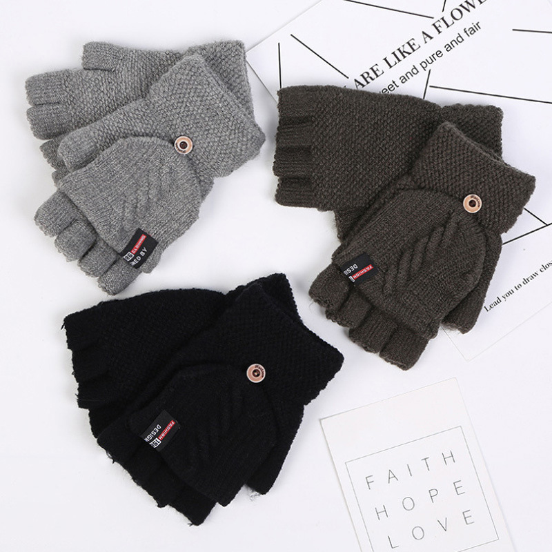 Gloves Men Winter Warm Cold-Proof Driving Cycling Finger-Exposed Flip-Top Gloves Knitted Yarn Half-Finger Gloves