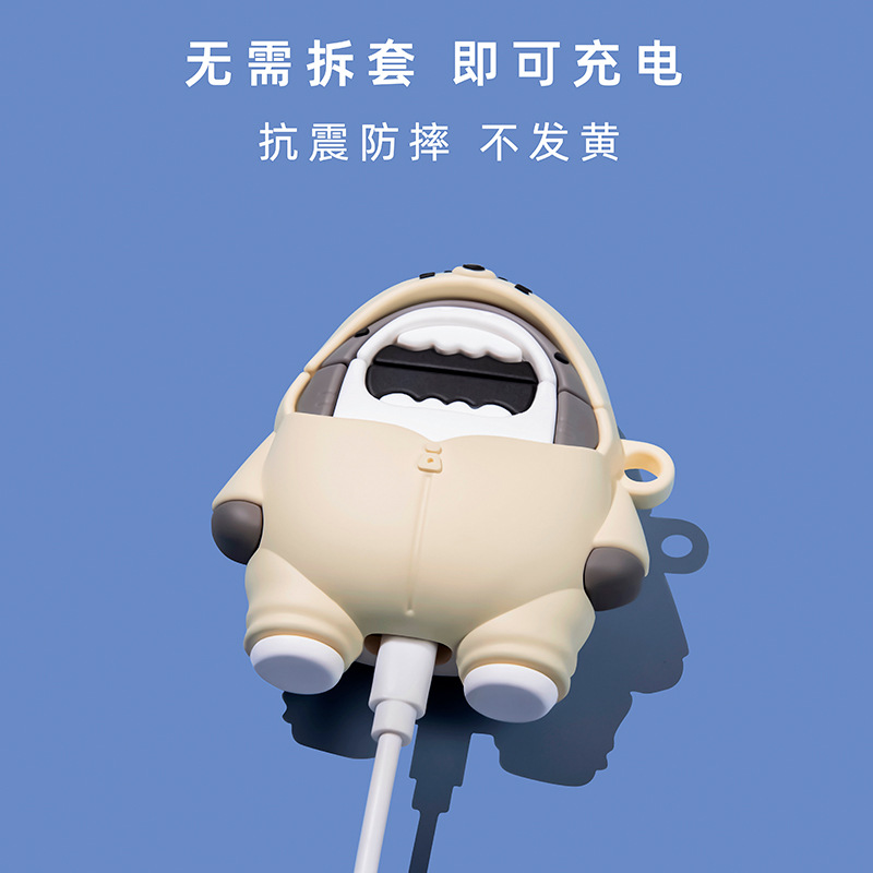AirPods protective case with 3D shark, cute cartoon silicone soft case for Apple wireless Bluetooth earphones