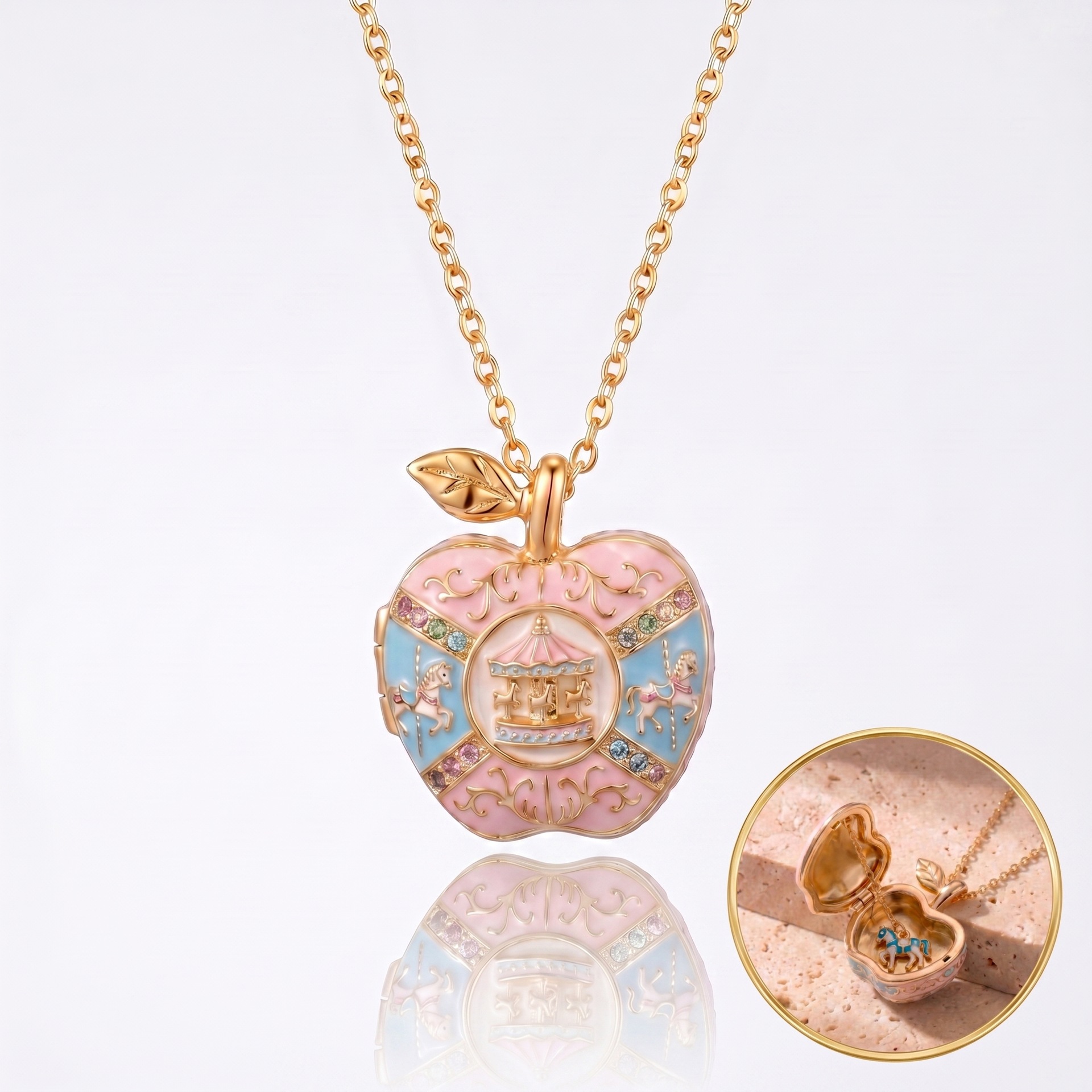Pink-gold apple openable photo frame necklace, cute ballet style for girls, niche popular gift necklace