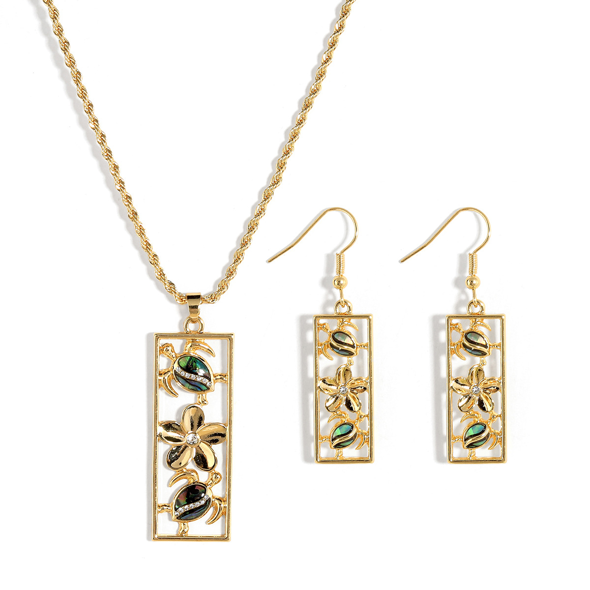 Hawaiian Beach Vacation Style Natural Abalone Shell Applique Long Strip Jewelry Set Turtle Frangipani Necklace Set