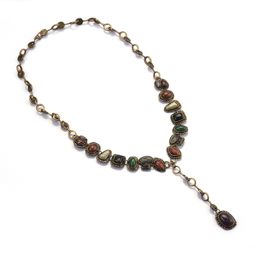 Cross-border new style ZA metal gemstone necklace long sweater chain