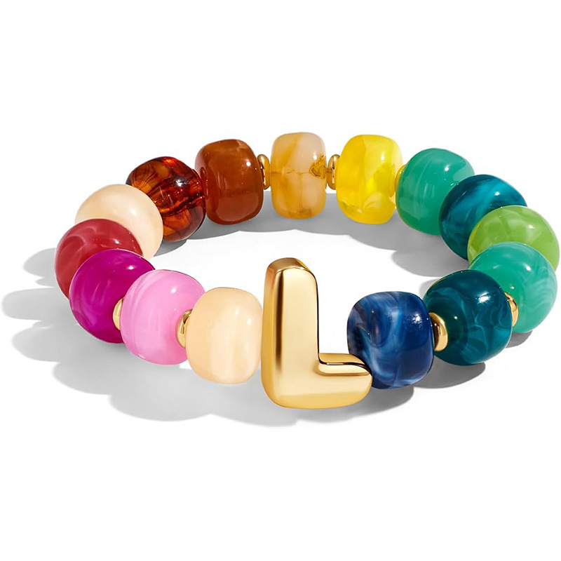New Colorful Resin Barrel Bead Elastic Bracelet Women's Copper Letter Pendant Beaded Bracelet