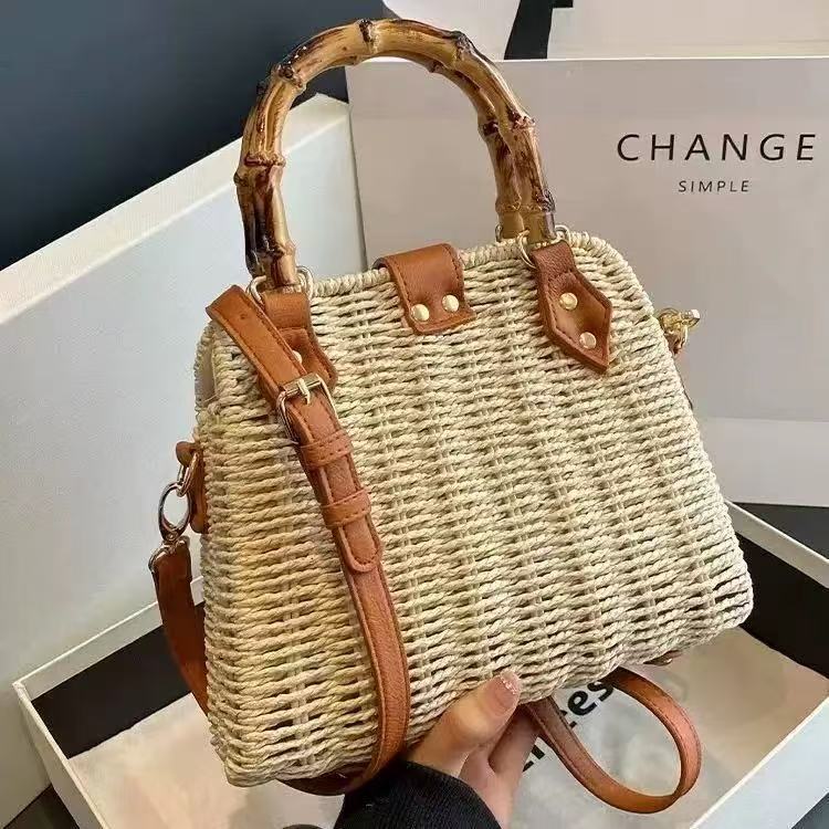 Pastoral style straw bag new shoulder hand two-use bamboo handle women's commuting woven bag