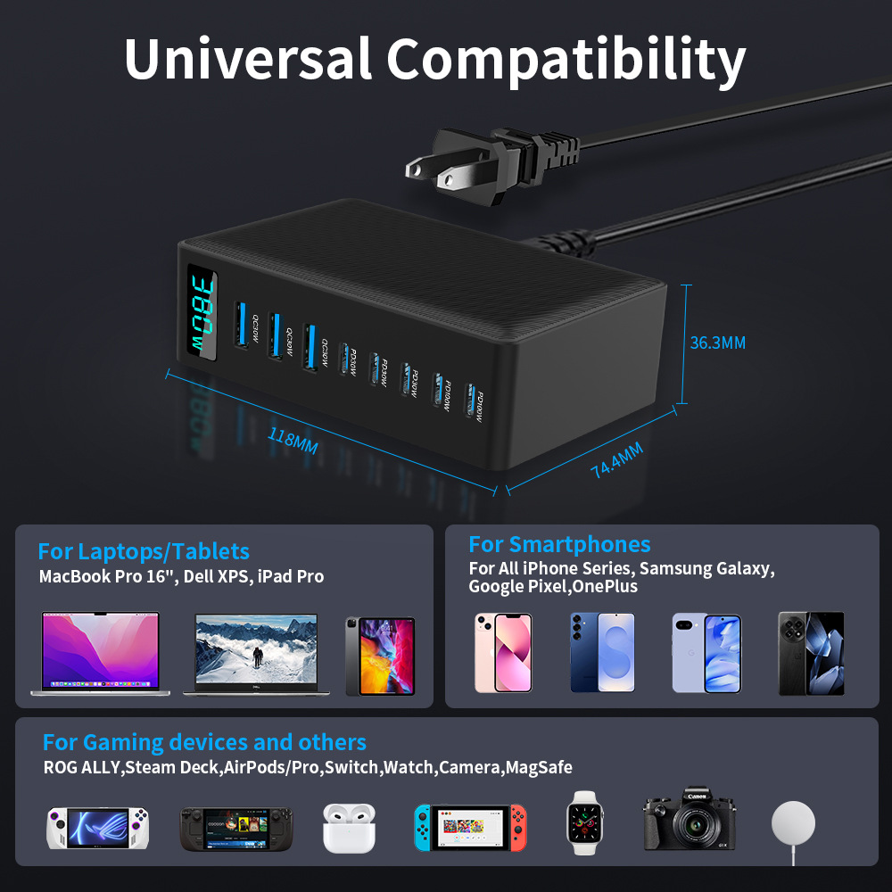 380W GaN Charger Multi-Port Desktop Charging Station Fast Charging Head Compatible with Apple 17 Laptop Power Adapter