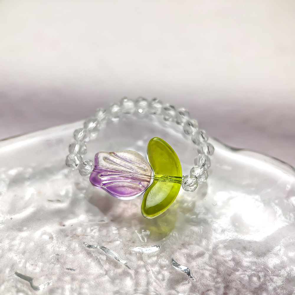 Glass Flower Tulip Stretch Ring, Minimalist Band, Hyuna Feng Shui Crystal Jewelry