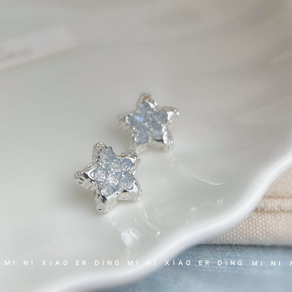 Blue ice crystal~Fresh and sweet five-pointed star silver-plated needle liquid earrings for women, elegant summer earrings