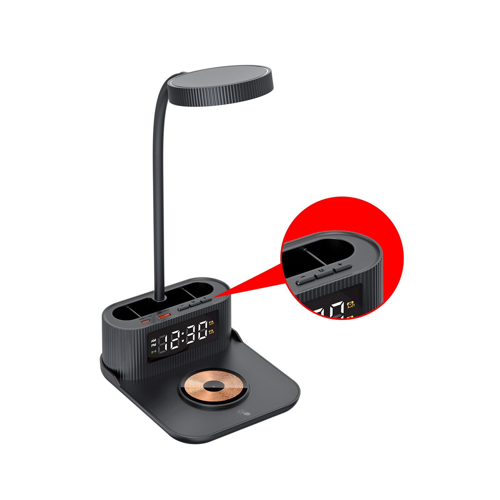 2024 New with Clock Alarm Pen Holder Desk Lamp Wireless Fast Charger 6-in-1 Multifunctional 15W Wireless Charger