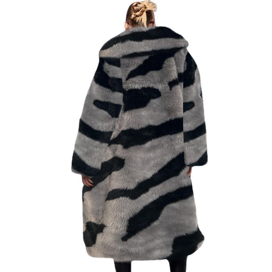 Fur faux fur coat imitation tiger pattern lengthened artificial fur loose