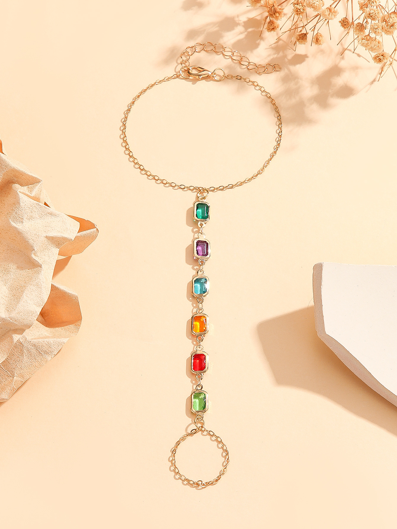 Ethnic Style Rhinestone Connected Finger Chain Metal Chain Finger Chain Rhinestone Hand Back Chain