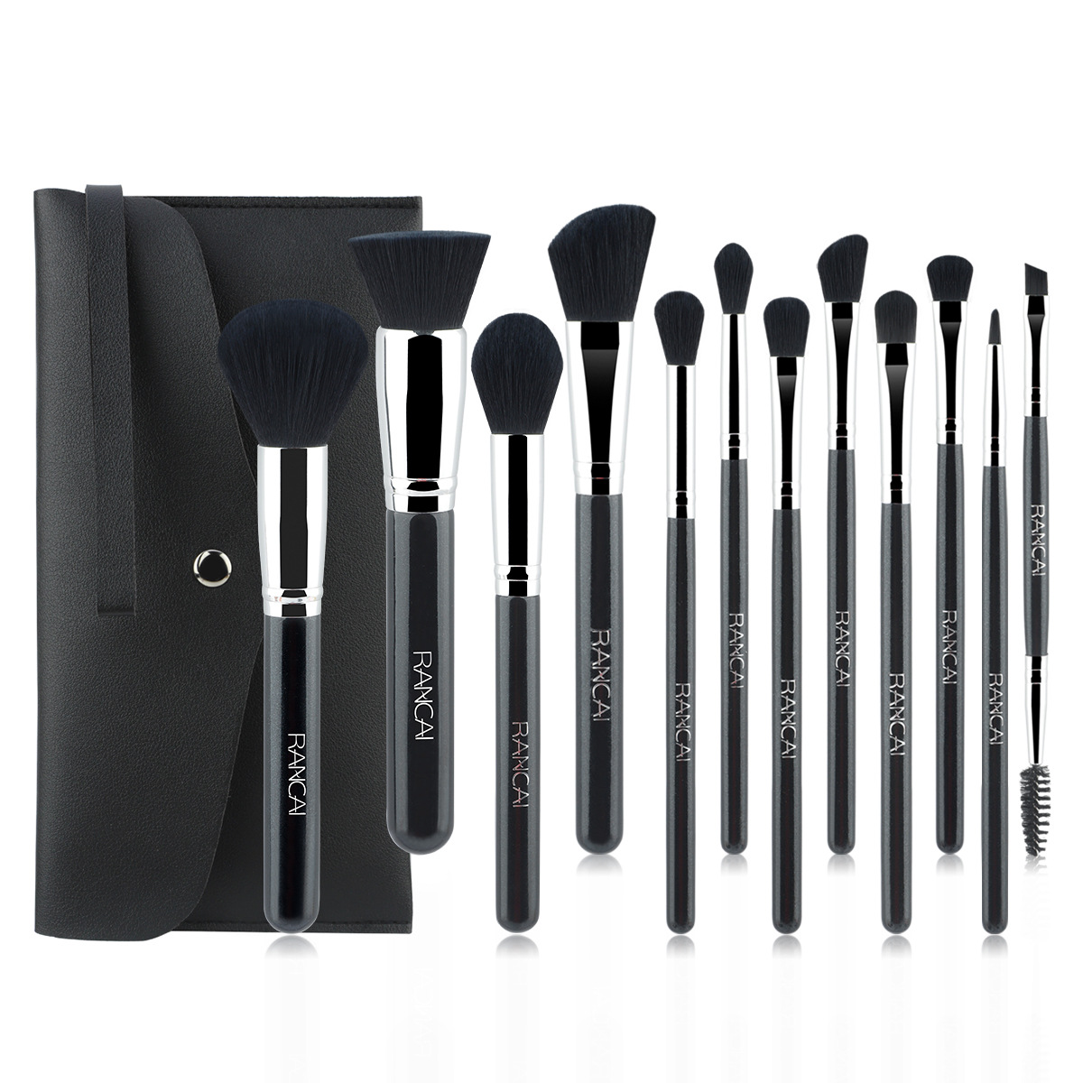 12 Pieces Black PU Zipper Bag Makeup Brush Set Soft Loose Powder Foundation Brush Eyeshadow Brush Makeup Tool