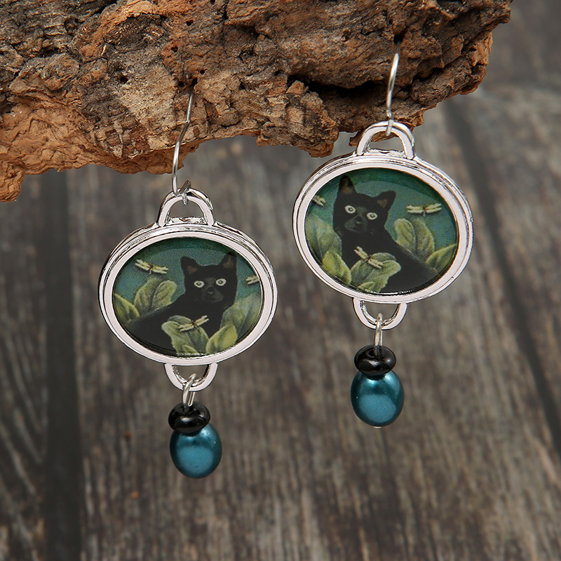 New Palace Cat Flower Earrings Women Round Earrings Spliced Green Pearl Pendant