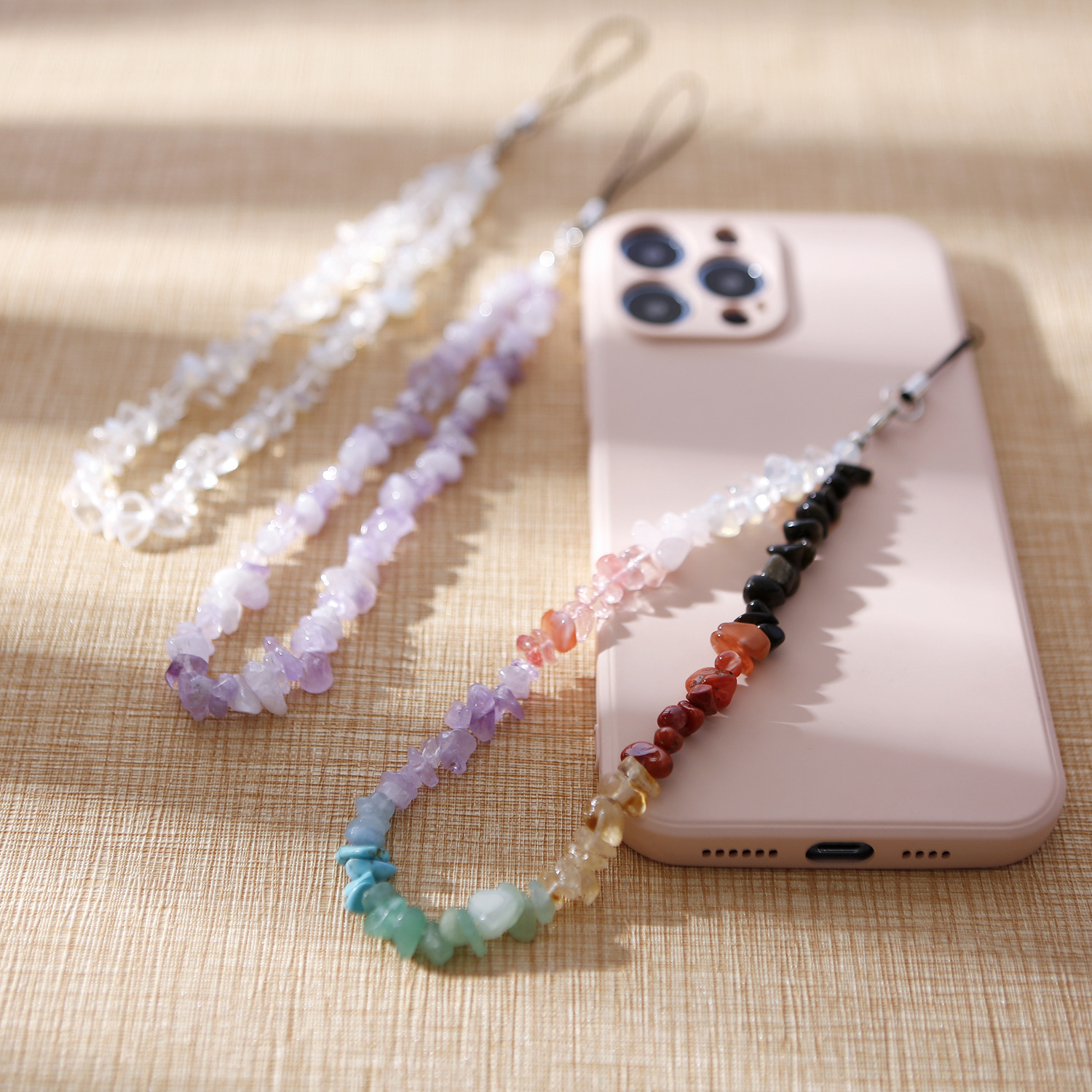 Natural Crystal Phone Lanyard Stone DIY Pink Crushed Stone Phone Case Portable Chain