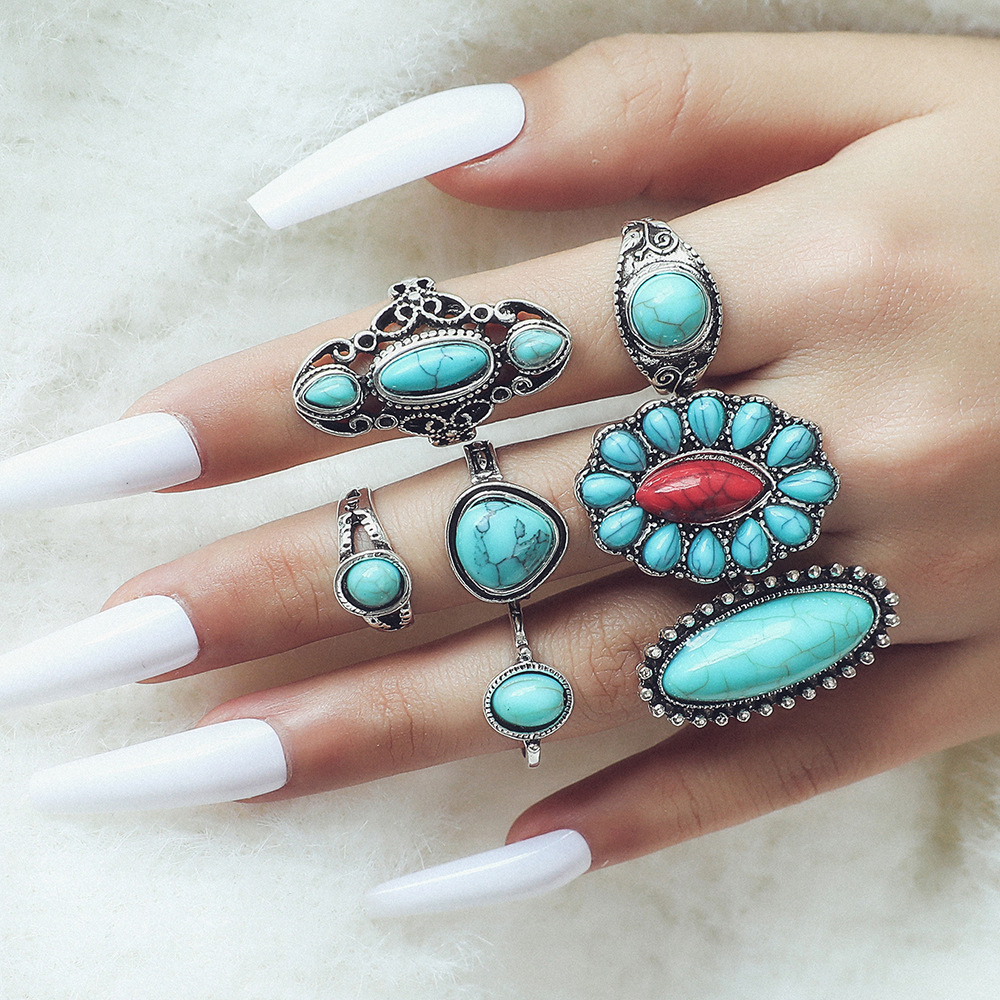 Ethnic Style Turquoise Carved Feather Ring 8-Piece Combination Ring Set