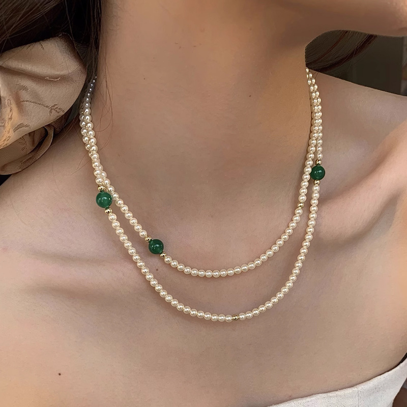 Chrysoprase multi-layer long pearl necklace women new Chinese style agate cheongsam accessory sweater chain neck chain