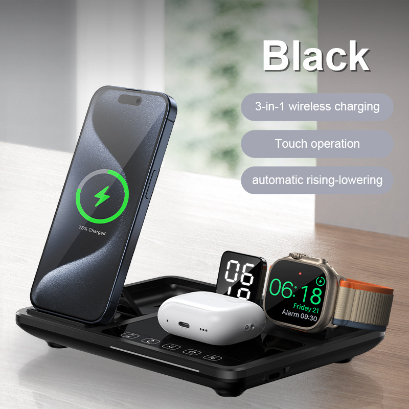 New 4-in-1 Wireless Fast Charger for Apple Phone Watch Earphone Auto Lift Foldable Clock Charger