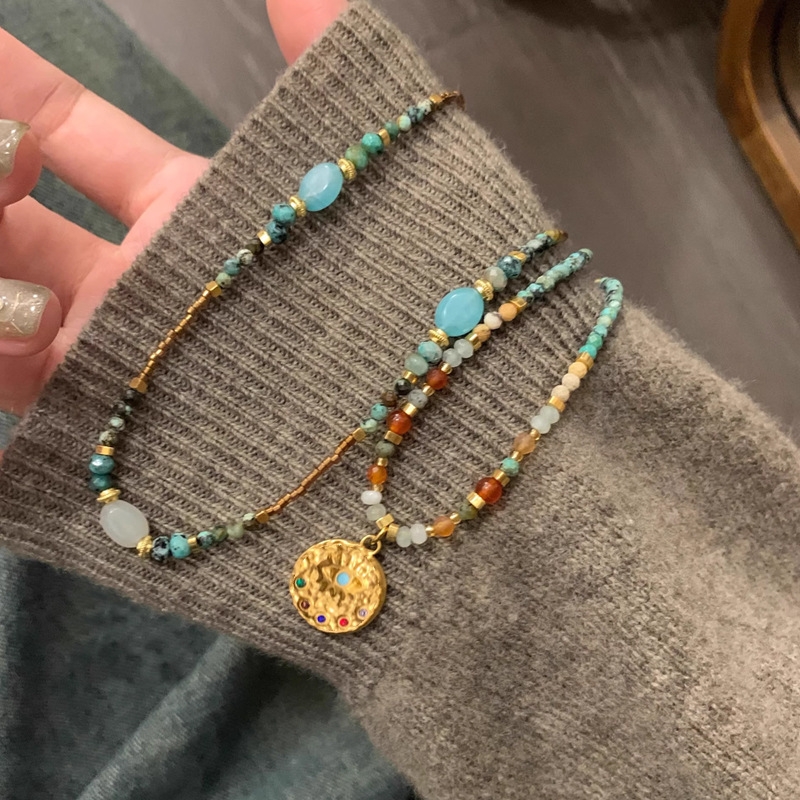 New Chinese style turquoise beaded necklace niche natural stone stacked beaded锁骨链 women