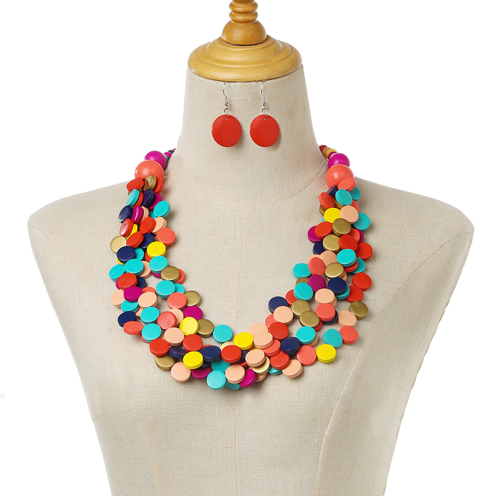 Ethnic style irregular wooden pieces bead multi-layer necklace and earring set sweater chain banquet accessories necklace