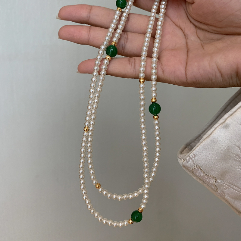 Chrysoprase multi-layer long pearl necklace women new Chinese style agate cheongsam accessory sweater chain neck chain