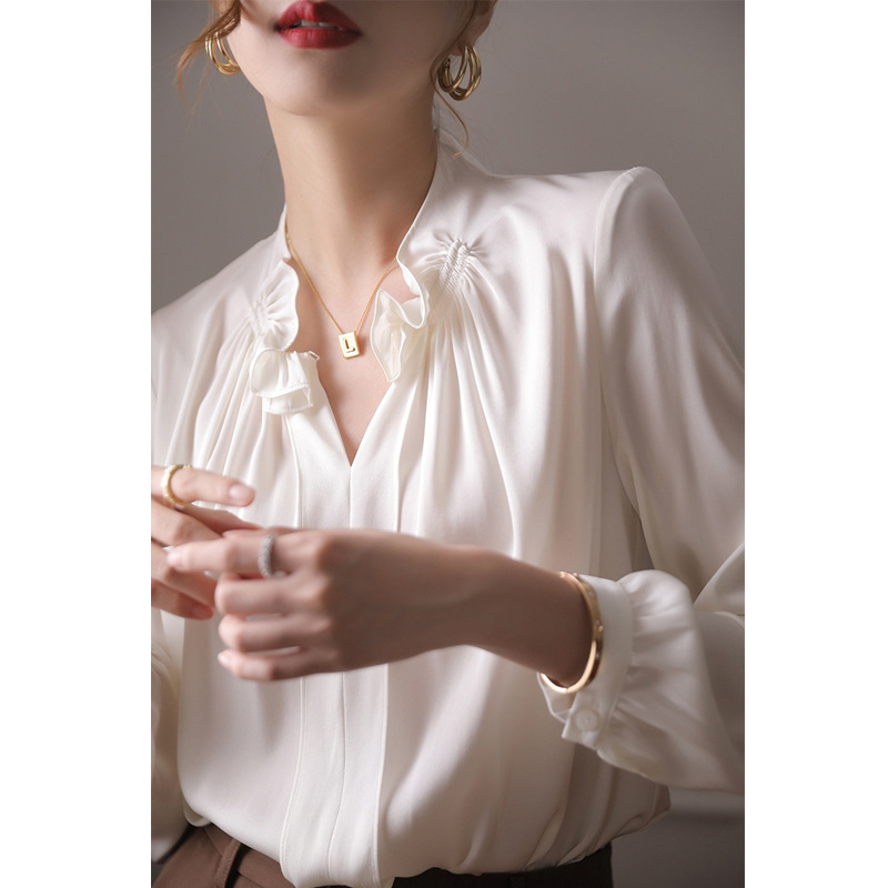 White Silk Top Women's Niche Early Autumn New Long-Sleeve Ruffle Shirt Mulberry Silk Blouse
