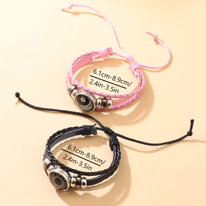 Sun and Moon Lovers Time Leather Bracelet Punk Multi-layer Beaded Woven Bracelet Couple Gift