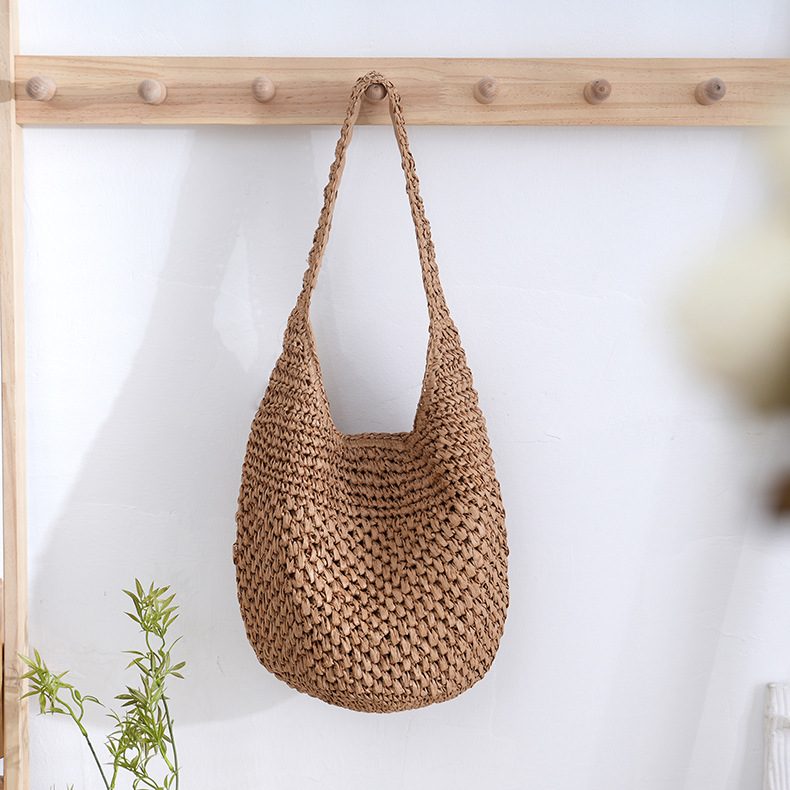 Woven bag for women, summer hollow straw woven bag, woven bucket bag, large capacity beach vacation style shoulder tote bag