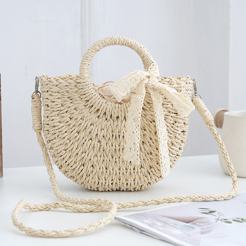 Small Simple Crossbody Basket Bag Woven Bag Hollow Out Straw Woven Women's Handbag Straw Bag Compact