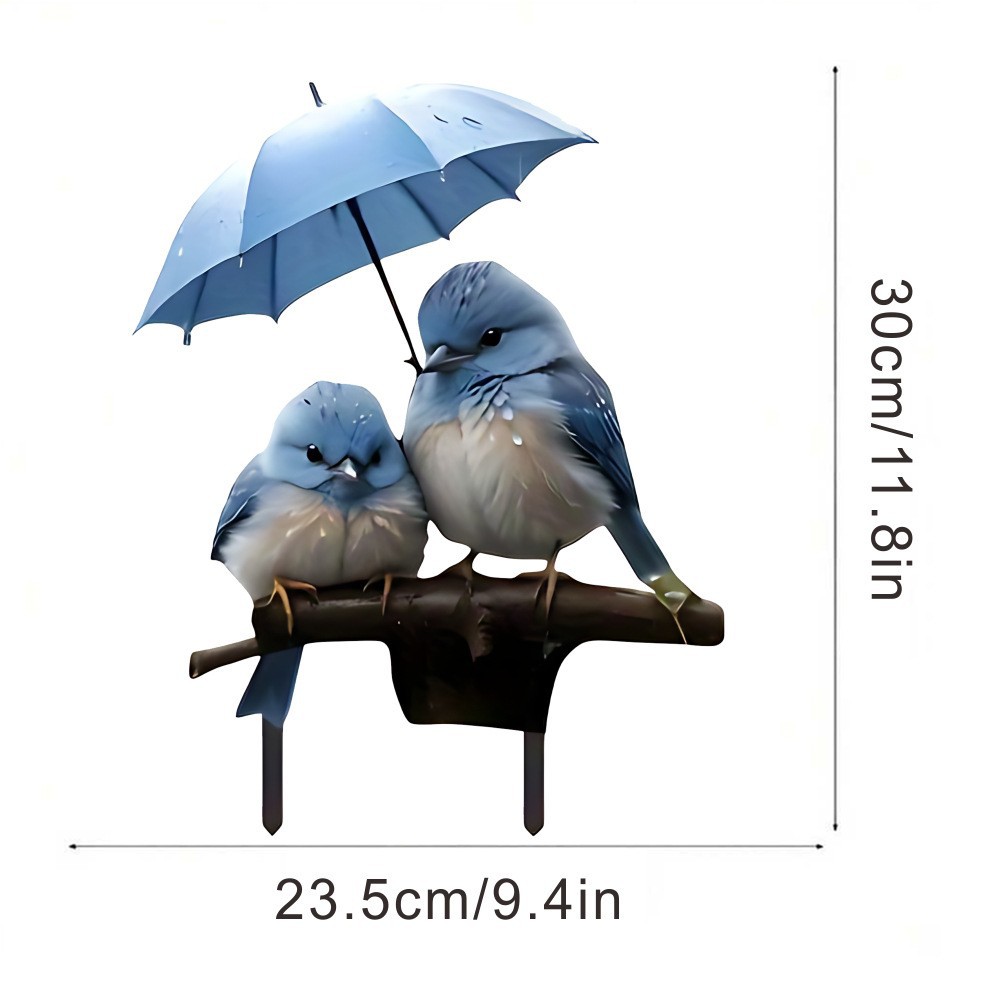 Decorative Style, Two Blue Birds Holding Umbrella in Garden Background, 13.78 Inches, Crystal Motion