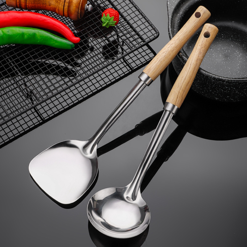 304 stainless steel spatula kitchenware set, high temperature resistant stir-fry spatula, home use, soup spoon, slotted spoon, wooden handle, kitchen supplies