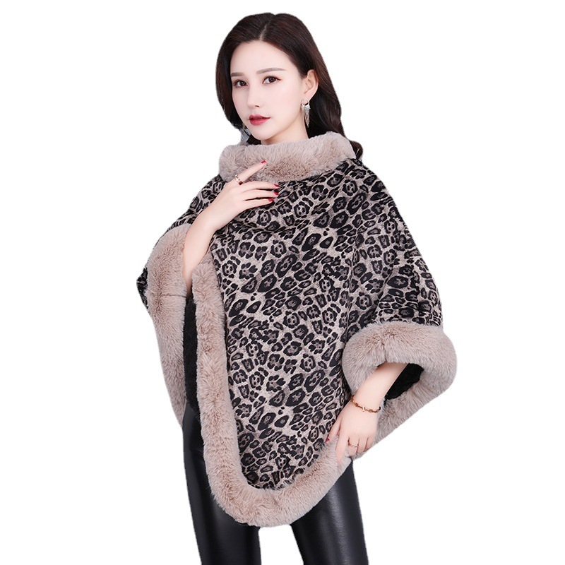 Pullover Street Pullover Poncho Fur Collar Non-Detachable Shawl Leopard Print Knit Fleece Poncho Fur Collar