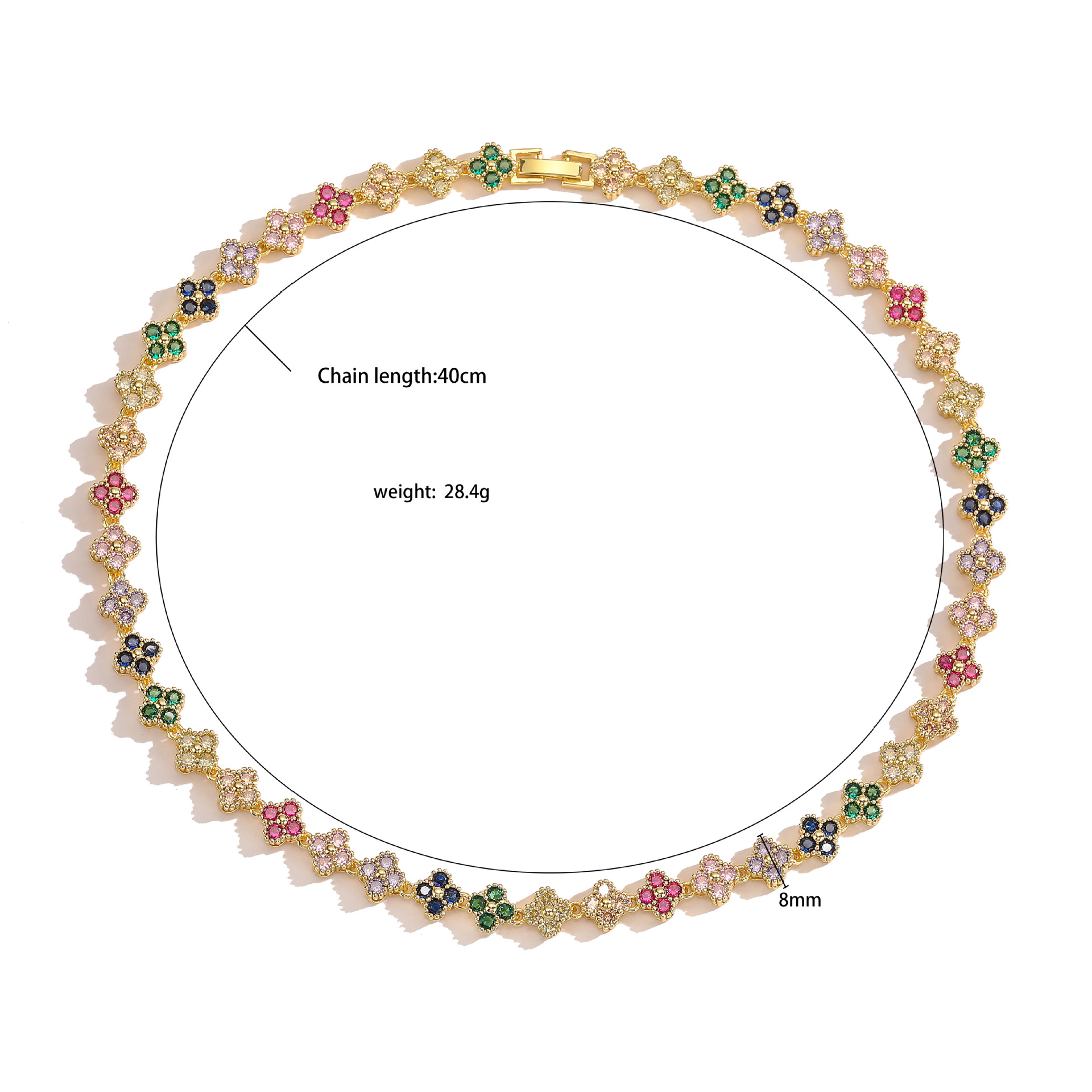 HECHENG Jewelry Copper Plated 18K Gold Inlaid Colorful Diamond Flower Bracelet, Necklace Sweet Four-Leaf Clover Jewelry Set