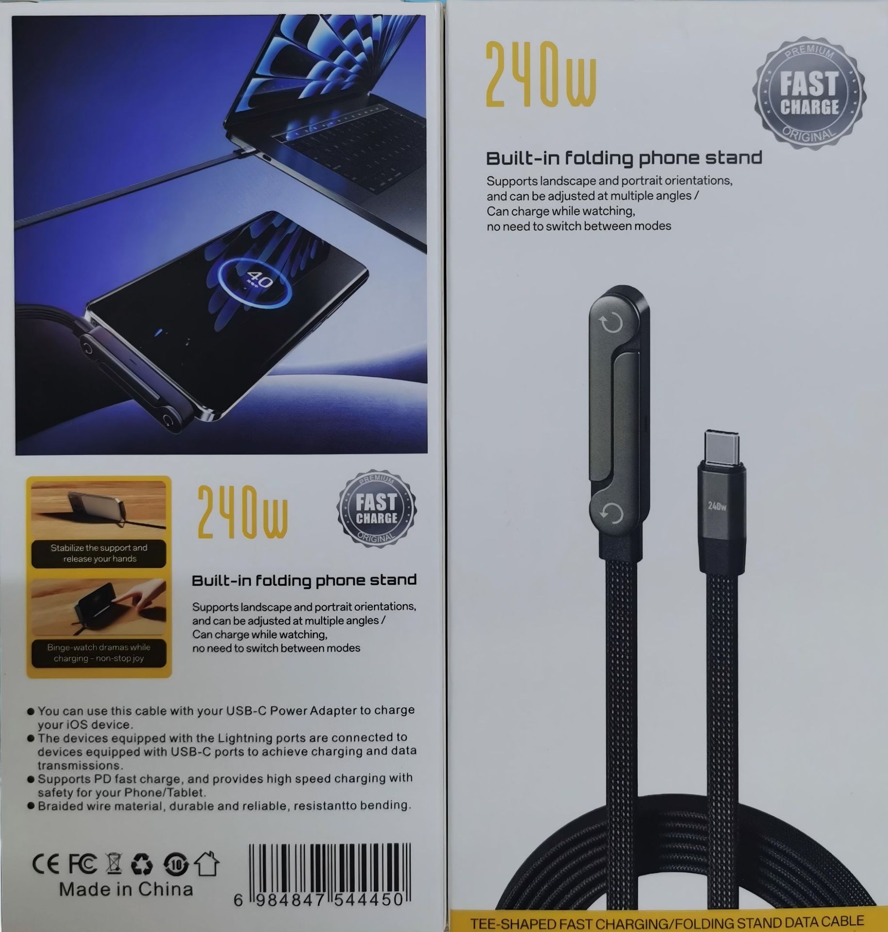 240W Stand Fast Charging Data Cable for Apple Android Phone Tablet Charging Cable