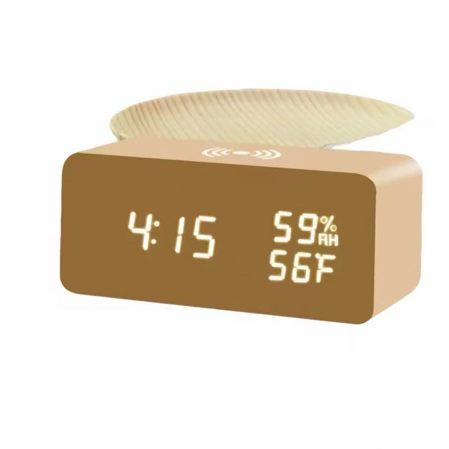 Wireless charging LED clock electronic charging wooden alarm clock, voice-controlled thermometer charging wooden clock perpetual calendar