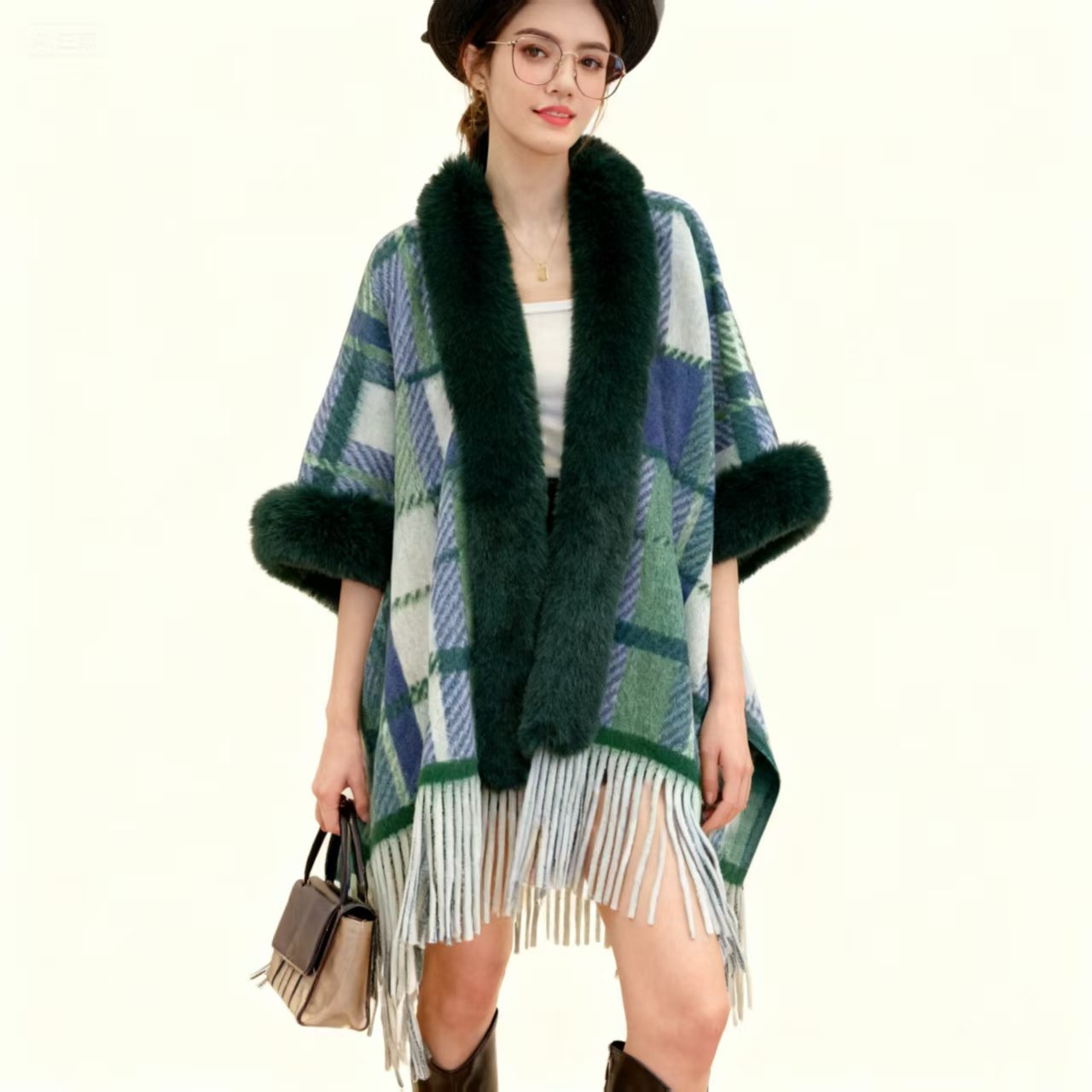 Available for Autumn and Winter Women's Casual Poncho Cape Plaid Fringe Coat Elegant Party