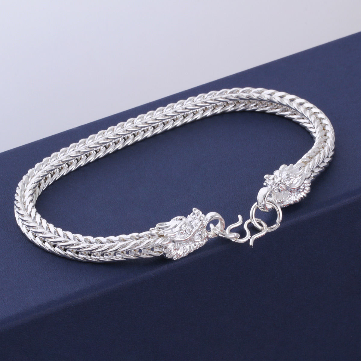 999 stamp men's Miao silver jewelry bold imitation silver men's bracelet dragon bone silver dragon head fox tail bracelet