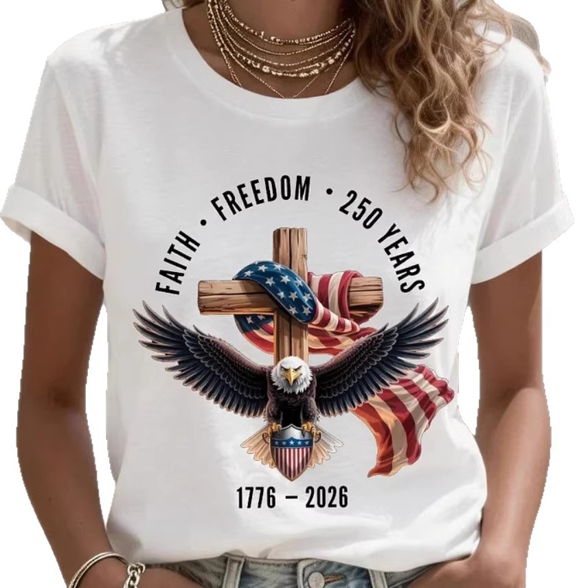 2026 Independent Station Spring Summer New Eagle USA Flag Cross Print Round Neck Short Sleeve