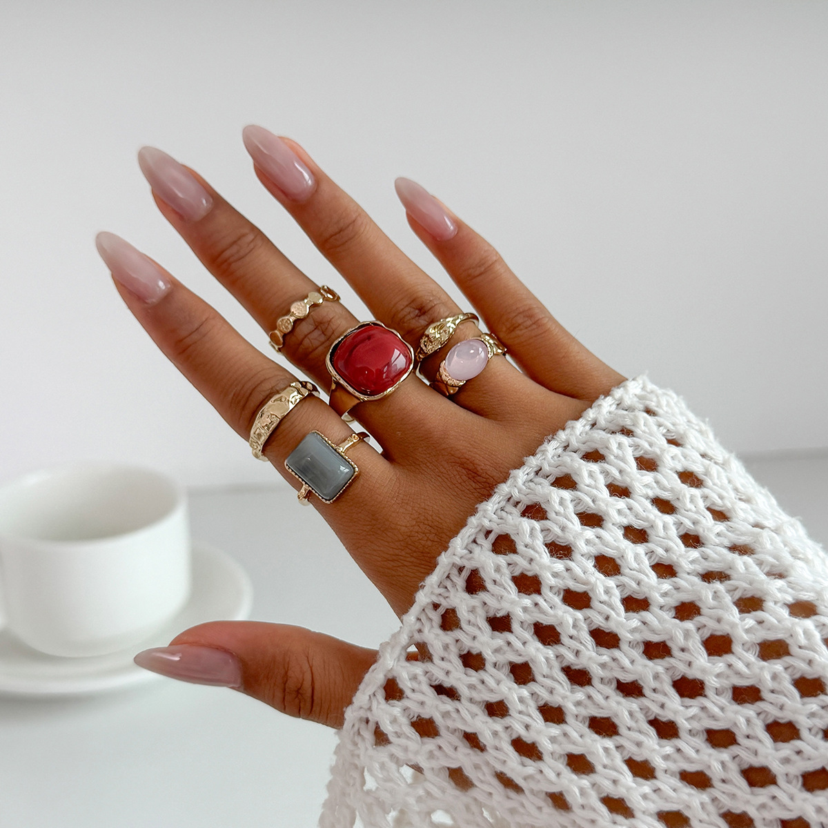 Jewelry sense inlaid acrylic ring irregular alloy ring new product