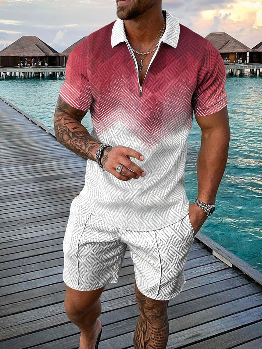2026 New Men's Casual Sports Suit Summer Short Sleeve Polo Shirt Shorts Two Piece Set Color Block Print