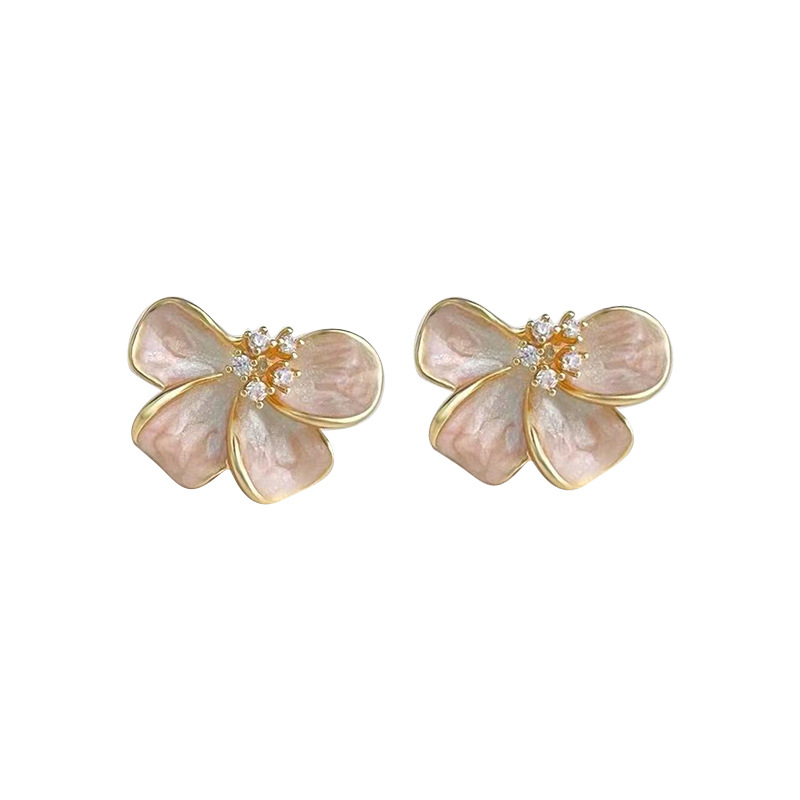Spring and summer new pink enamel flower earrings pure silver needle unique earrings women niche ear accessories
