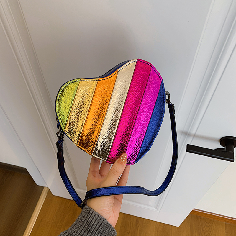 Cute Contrast Color Heart Bag Women's 2024 New Rainbow Splicing Heart Shape Single Shoulder Crossbody Bag