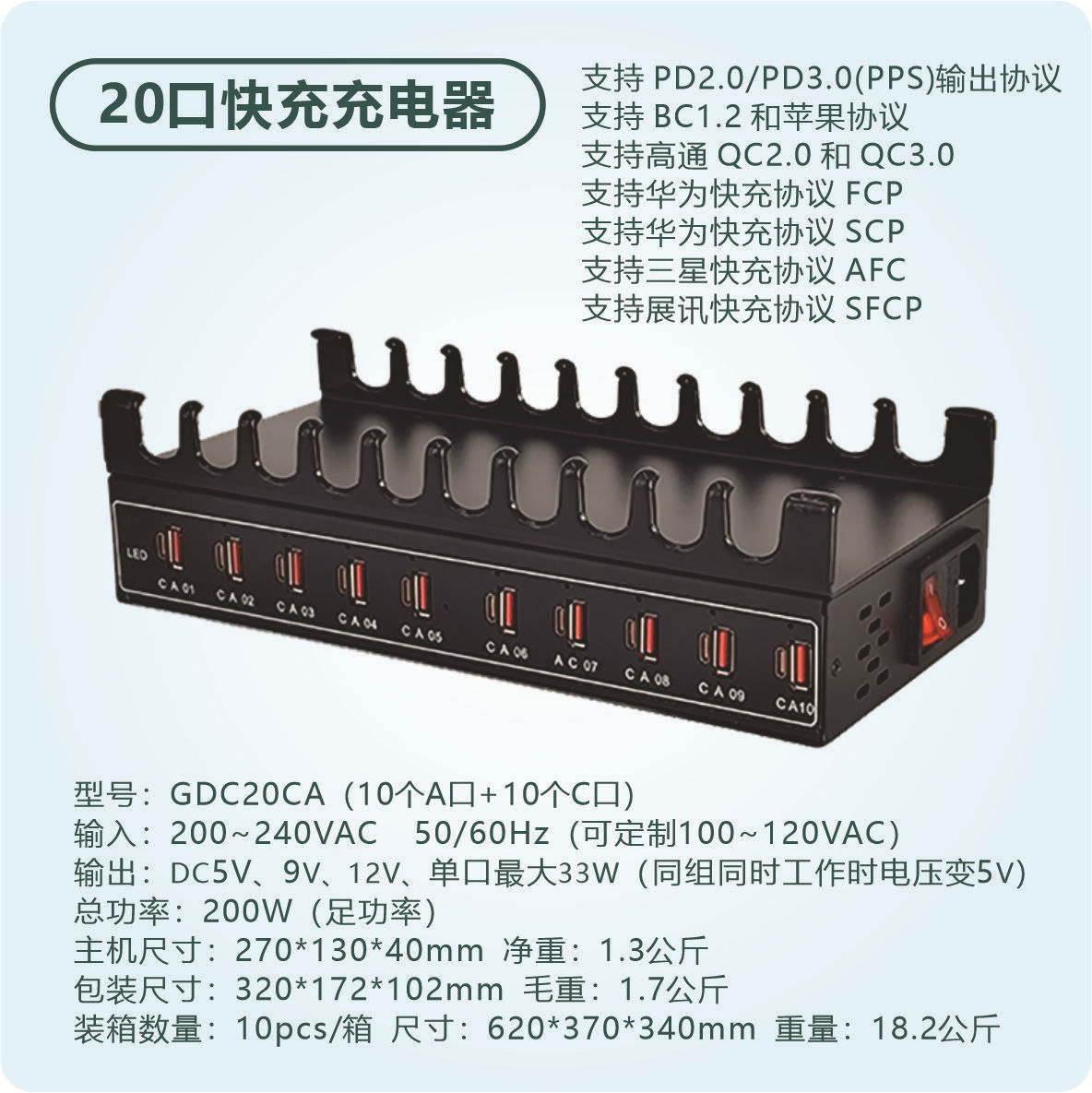 国际规AC220V【国内可用】 · GDC20C+A带支架【10口PD type-C+10USB口快充】