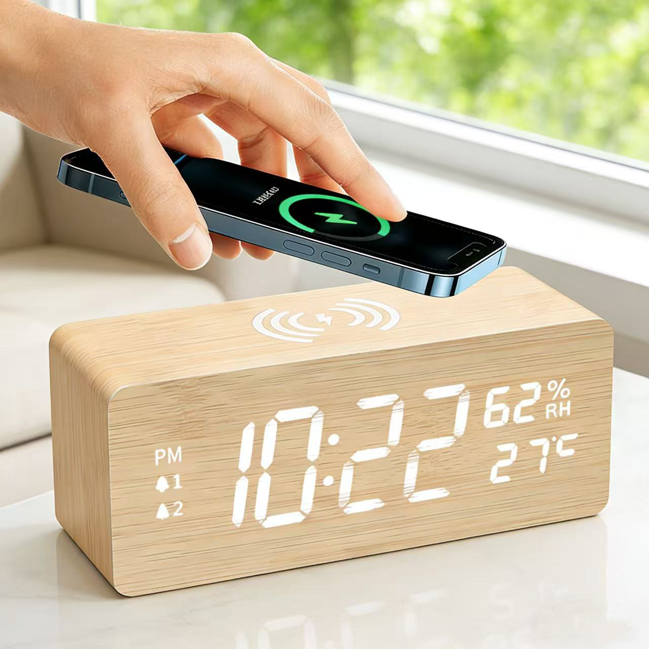 Multifunctional 10W Wireless Charging Wooden Alarm Clock Phone Wireless Fast Charging Temperature Clock LED Display Alarm Clock