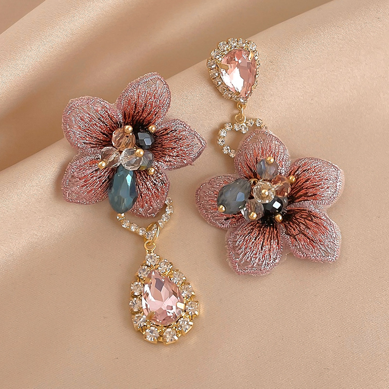 Silver Needle Asymmetric Crystal Fabric Flower Drop Earrings Elegant Earrings for Women