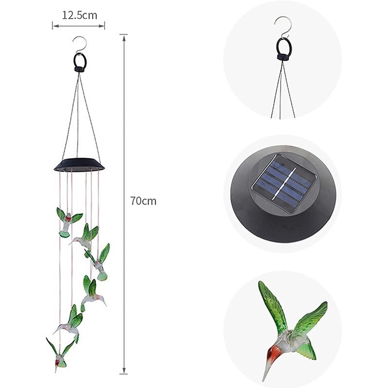 Solar Wind Chime Courtyard Decorative Light Color Changing Balcony Outdoor Waterproof Hanging LED Hummingbird Light String