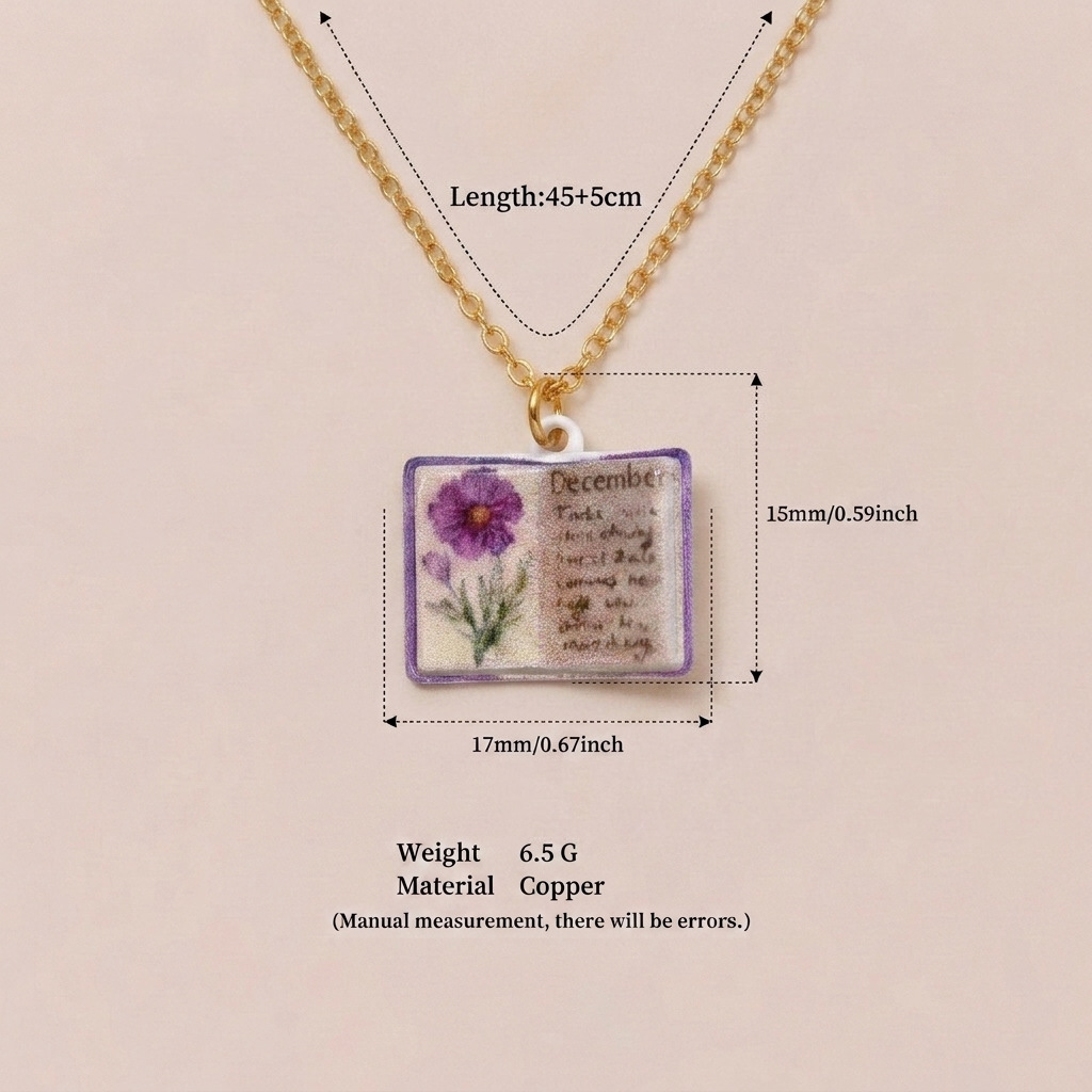 New December imitation porcelain book necklace, exquisite and compact copper-plated